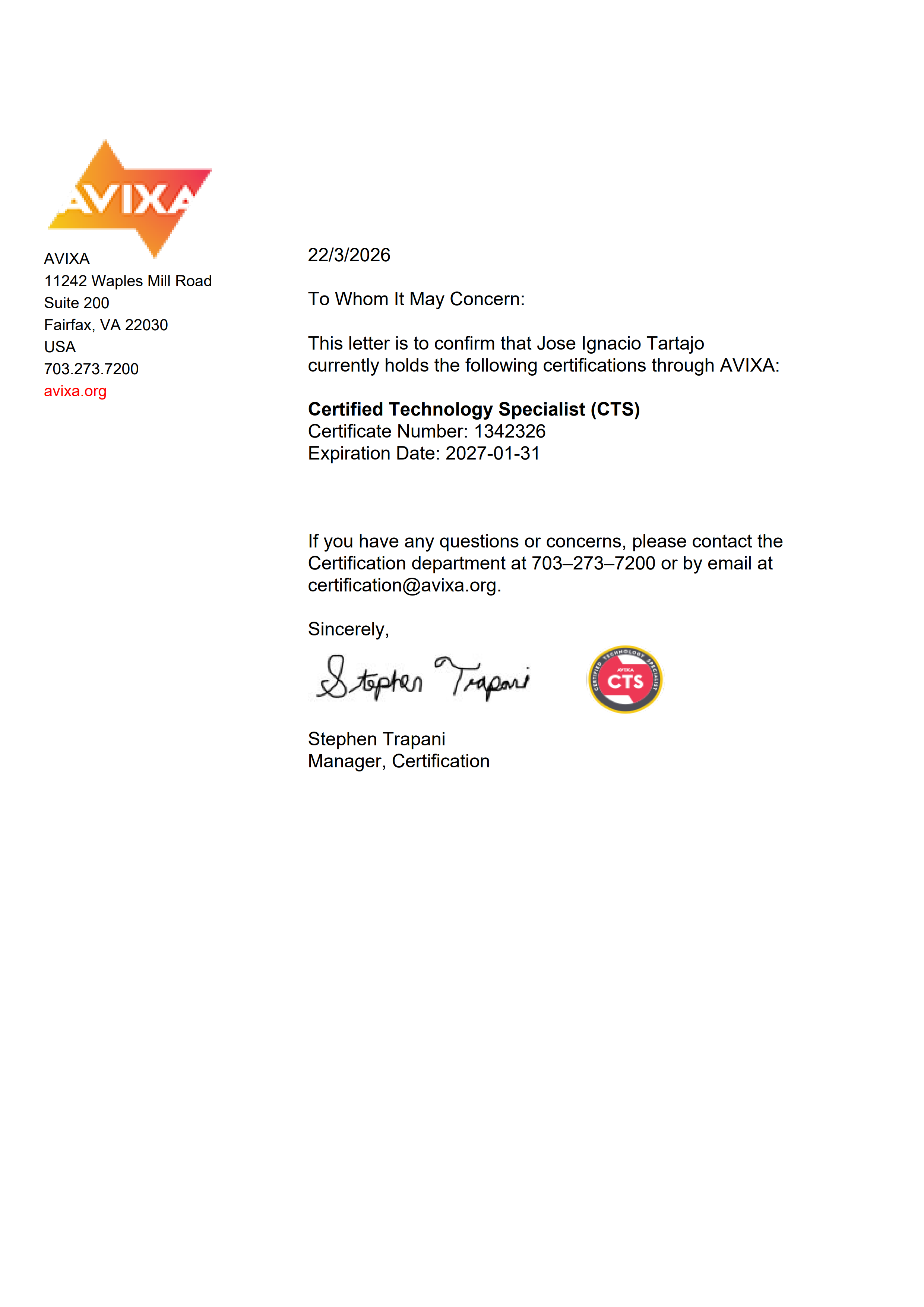 Certificado CTS - Jose Ignacio Tartajo - AVIXA